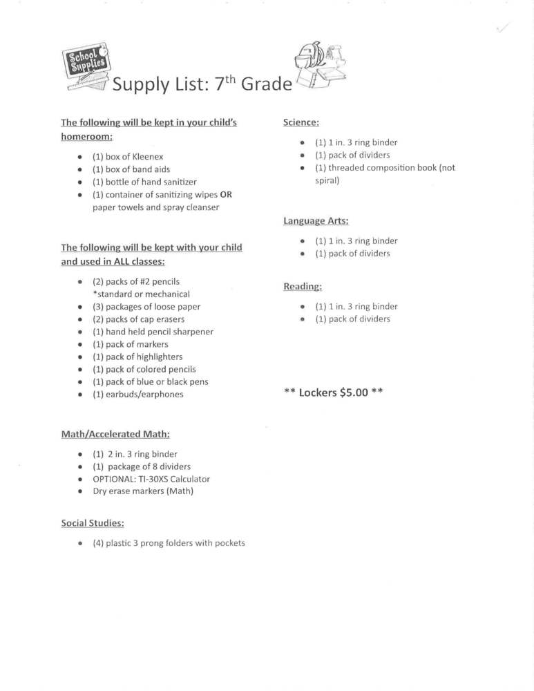 2020-2021 7th Grade Supply List
