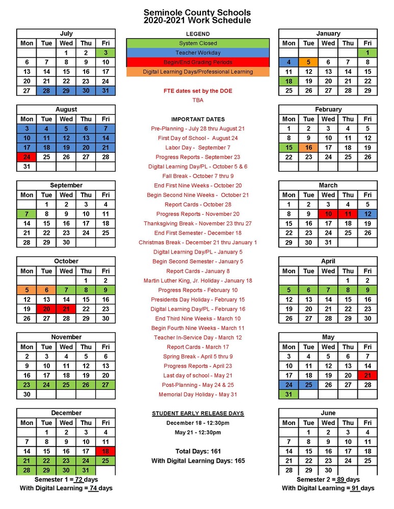 2020-2021 School Calendar (Revised 8/4/2020) | Seminole County Schools