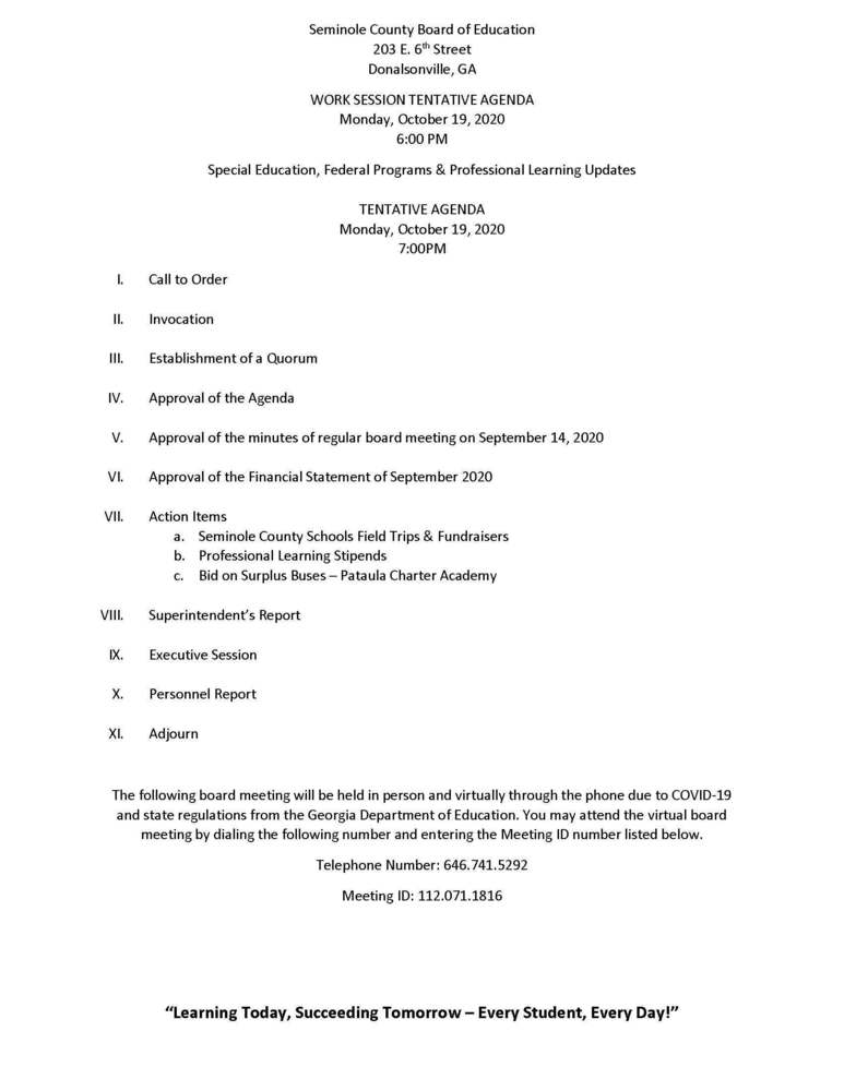 Tentative Board Meeting Agenda for 10/19/2020
