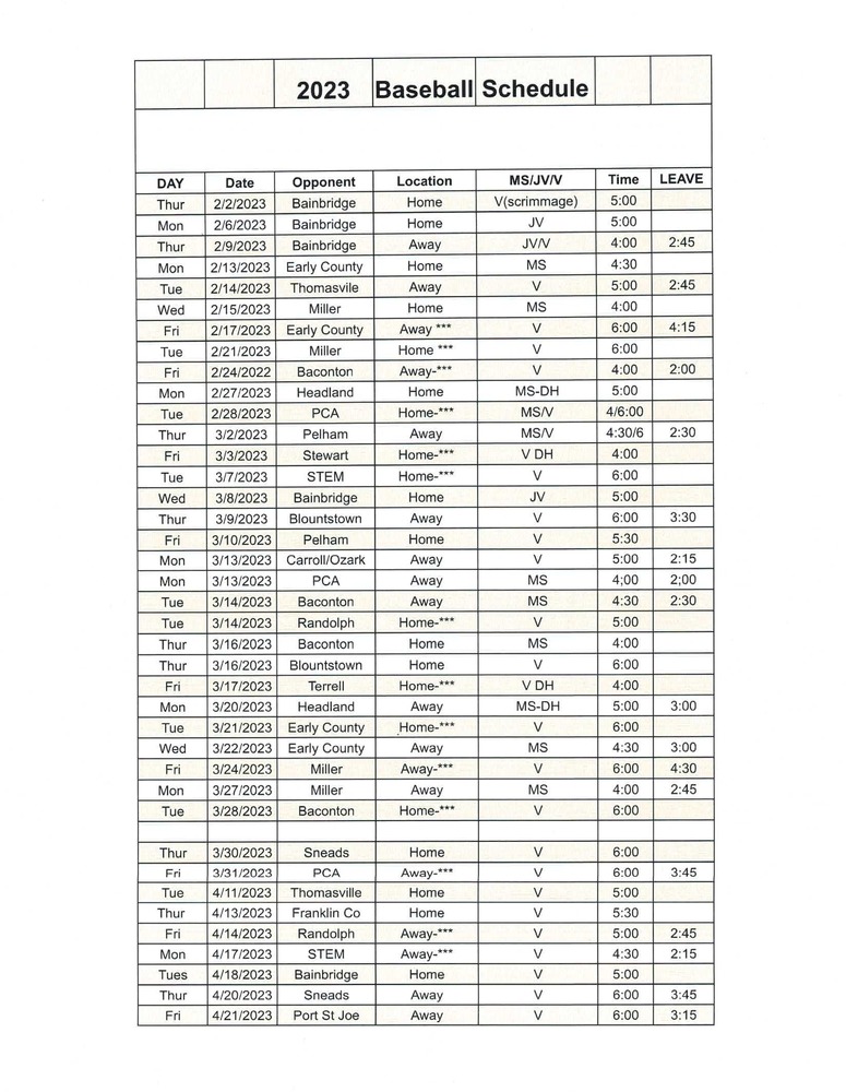 2023 Baseball Schedule Seminole County Middle High School