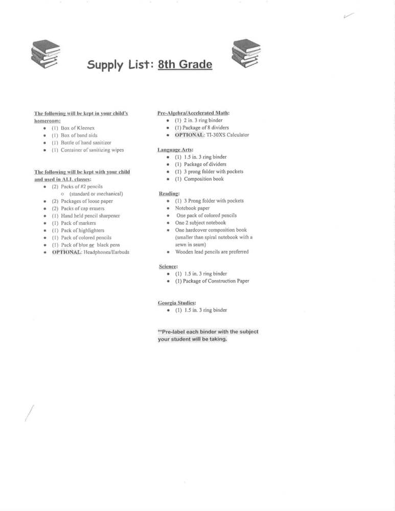 2020-2021 8th Grade Supply List 
