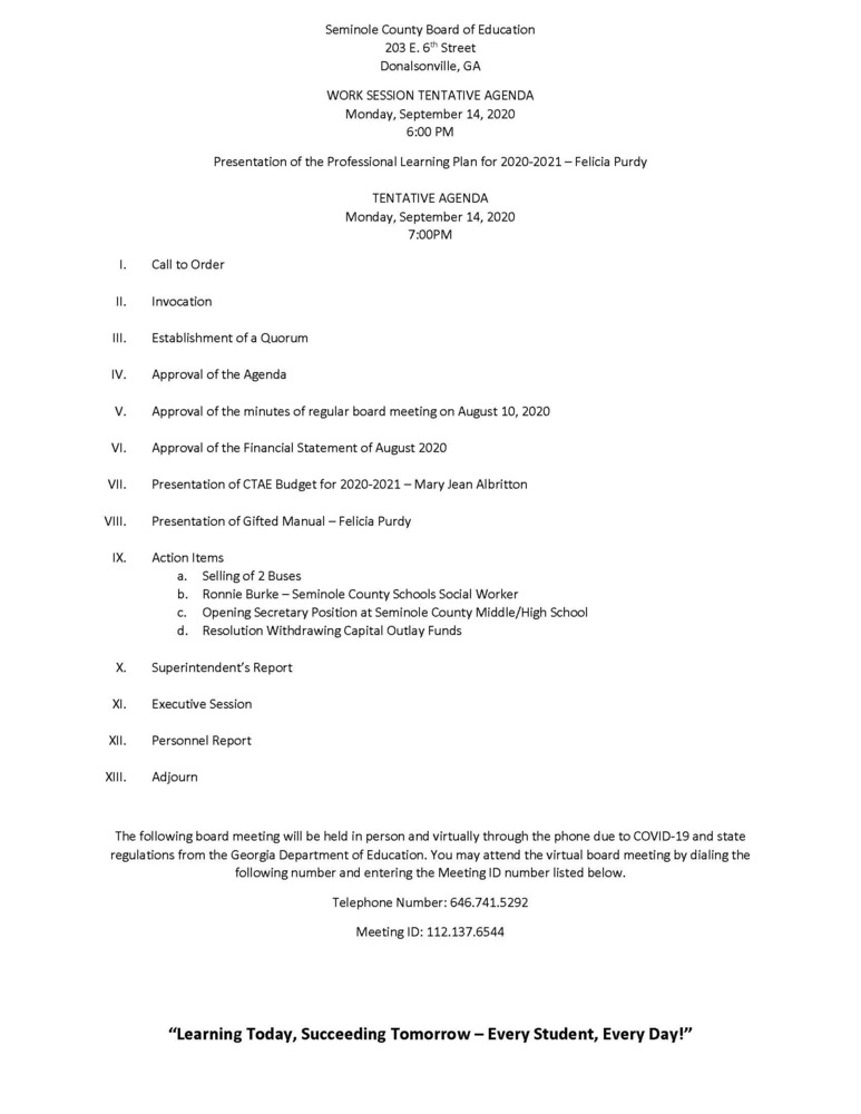Tentative Agenda for Board Meeting 9/14/2020