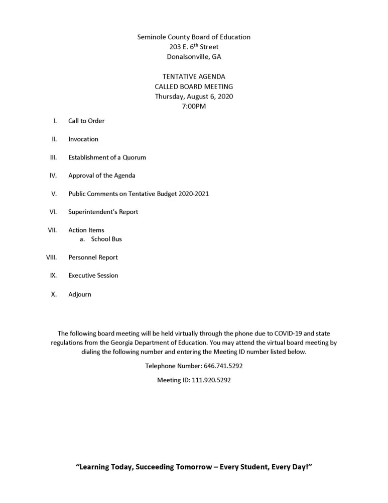 Tentative Agenda for Called Board Meeting 8/6/2020