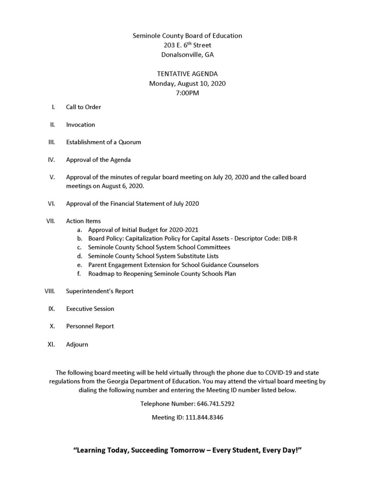 Tentative Agenda for Board Meeting 8/10/2020