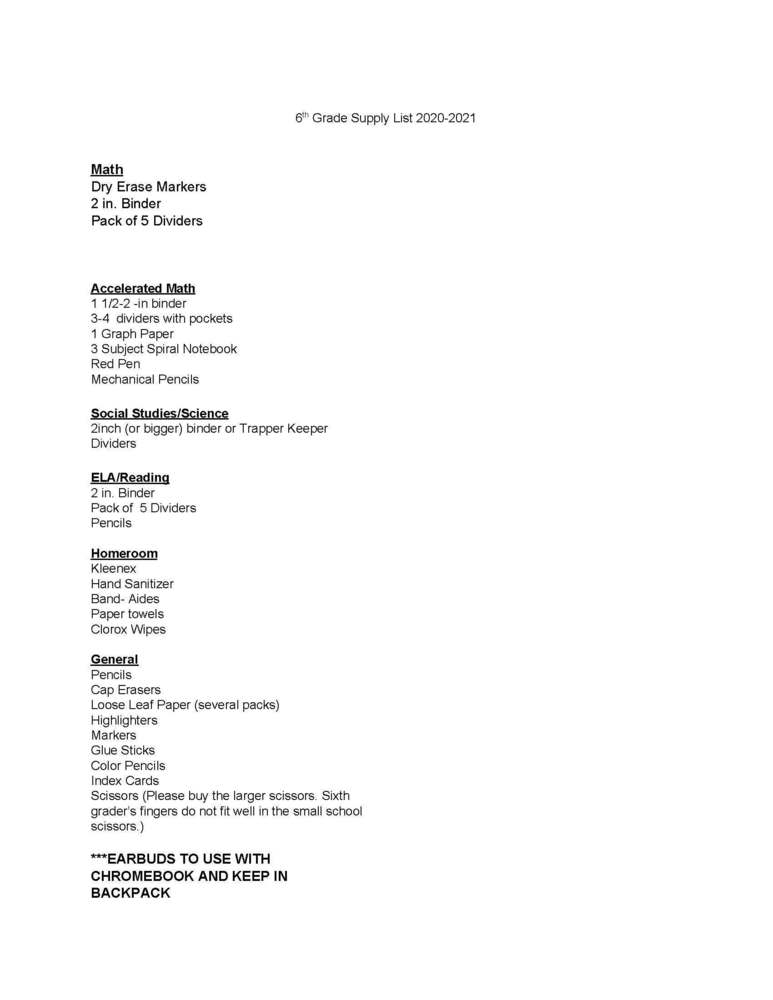 2020-2021 6th Grade Supply List