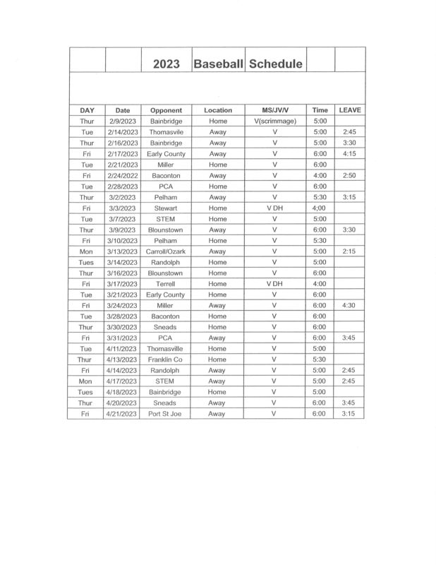 Varsity Baseball Schedule 2023 Seminole County Middle High School